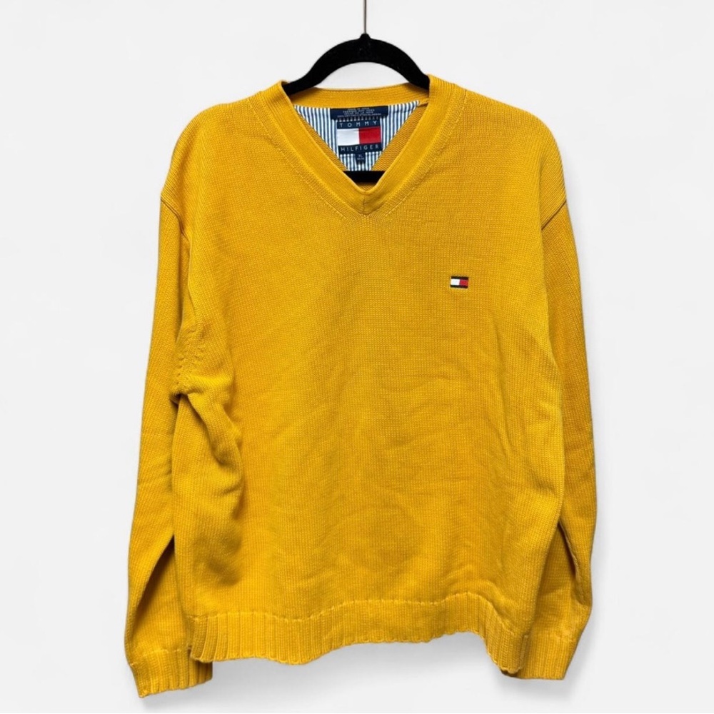 Mustard Yellow Tommy Hilfiger V-Neck Pullover Cotton Sweater